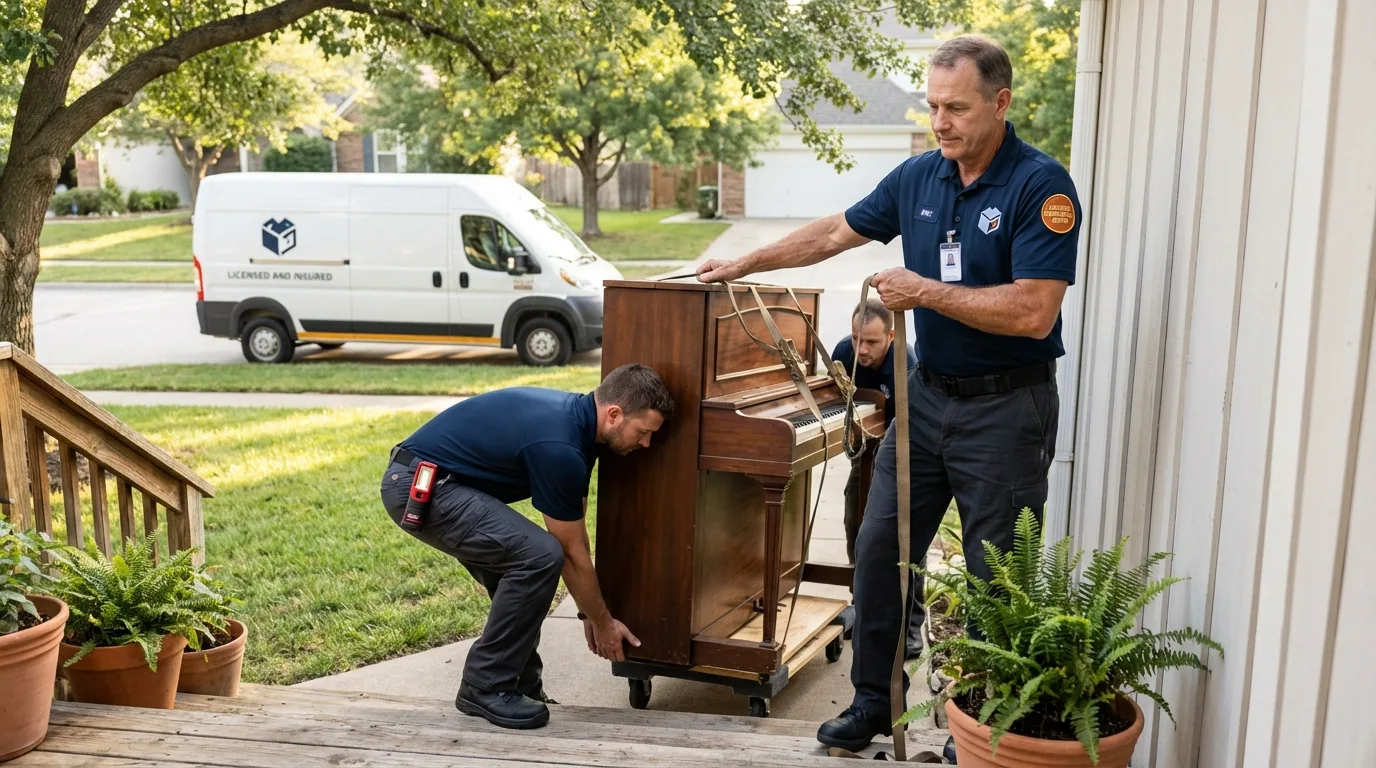 Licensed piano movers securing grand piano in La Plata, MD