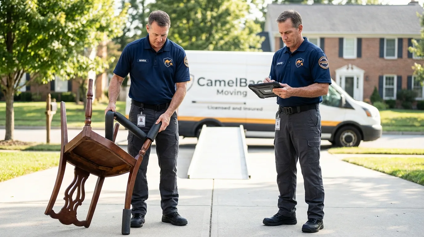 Movers inspecting furniture for damage prevention before loading in La Plata, MD