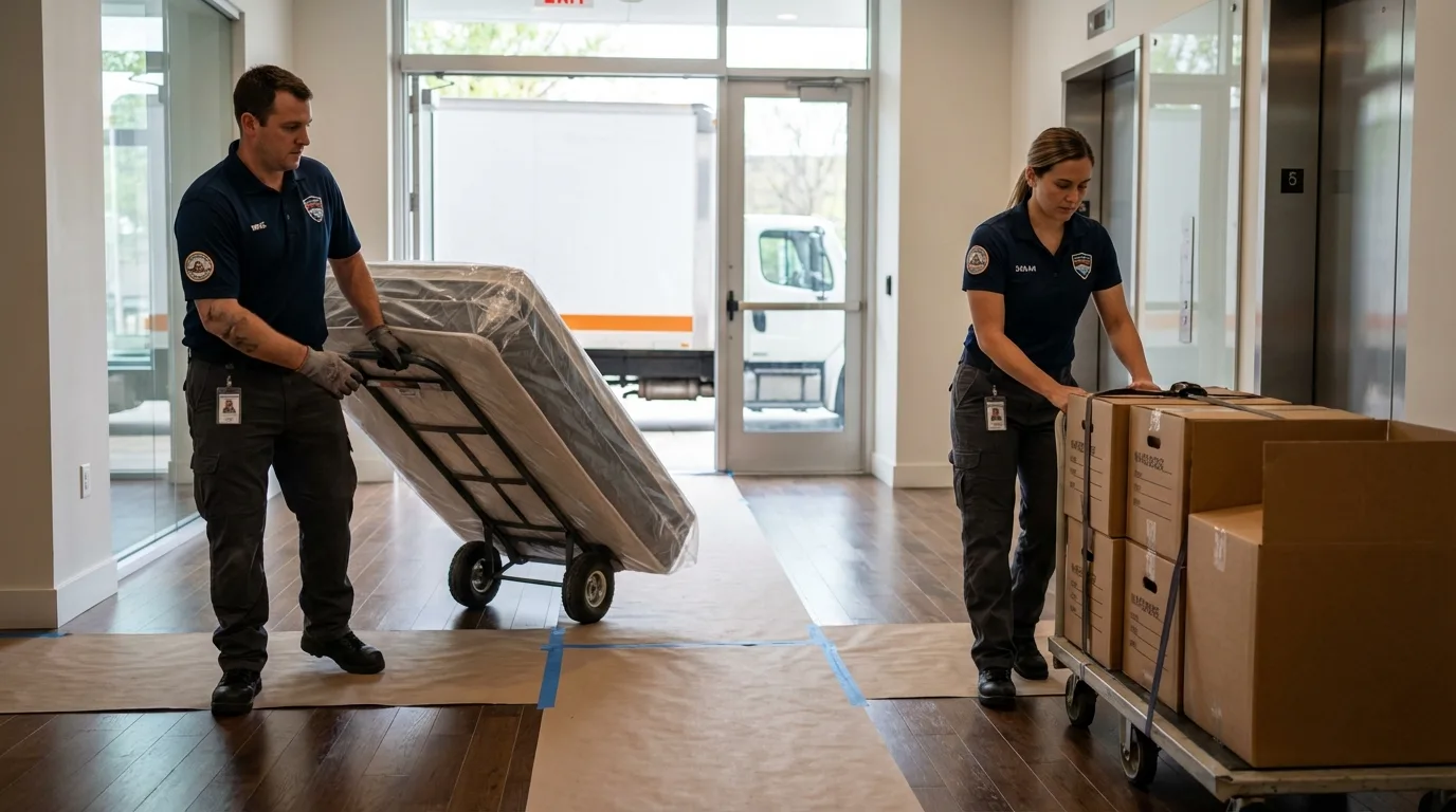Professional apartment movers loading elevator in La Plata, MD